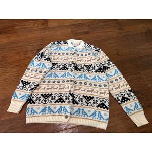 Vintage Jersild Cardigan Sweater 42 Reindeer Fair Isle‎ Orlon Acrylic Blue Cream